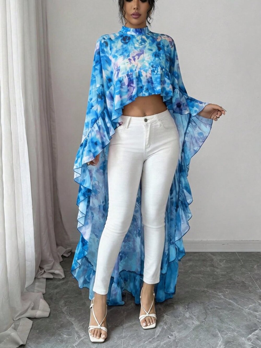 Blue Women's darin Collar Chiffon Floral Ruffle Trim hi-low Elegant Blouse top - Picture 6 of 6